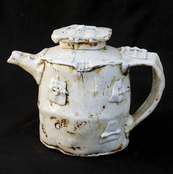 Ted Saupe's Teapot, 4½ in. (11.4 cm) in height, slab-built cone-5 porcelain, underglaze, stain, glaze.