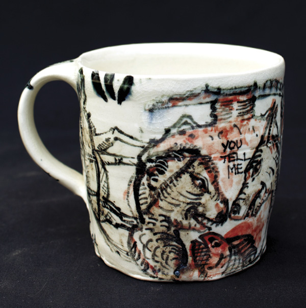 Ted Saupe's Cup (front), wheel-thrown cone-5 porcelain, underglazes, black stain, glaze.