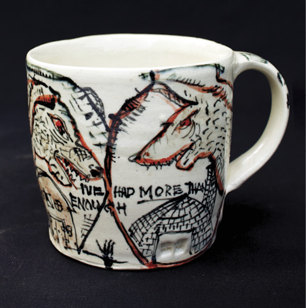 Ted Saupe's Cup (back), wheel-thrown cone-5 porcelain, underglazes, black stain, glaze.