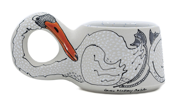 Heidi McKay Casto's Sauntering Swans, porcelain, underglaze, glaze, fired in oxidation to cone 6.