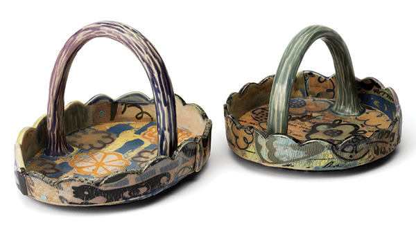 Two of Susan Feagin's small baskets, stoneware, screen-printed slips and underglazes, fired to cone 7 in a soda kiln. Photo: Loam Marketing.