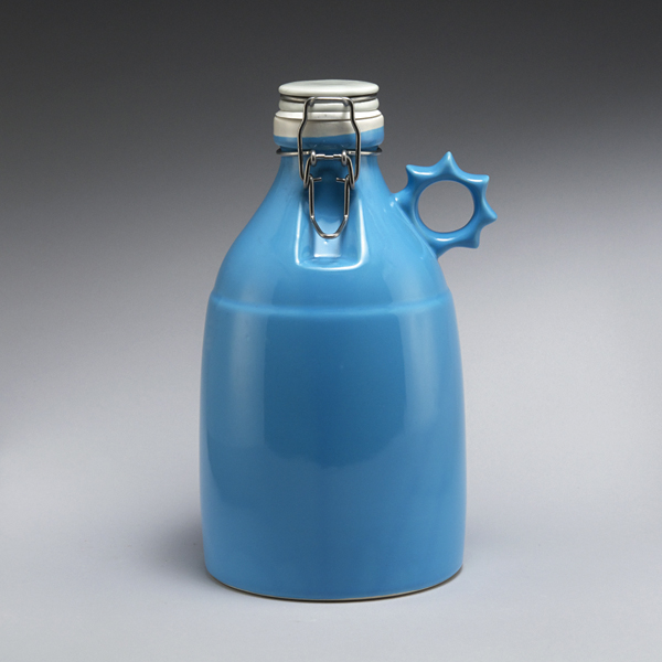 Sprocket growler, 11 in. (28 cm) in height, slip-cast stoneware, gloss blue glaze.