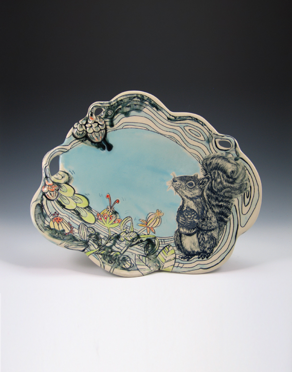 1 Garden of Delight Squirrel Platter, 16 in. (41 cm) in diameter, handbuilt white stoneware, hand illustrated, underglaze sgraffito, inlay, glaze, mid-range oxidation fired, 2014.