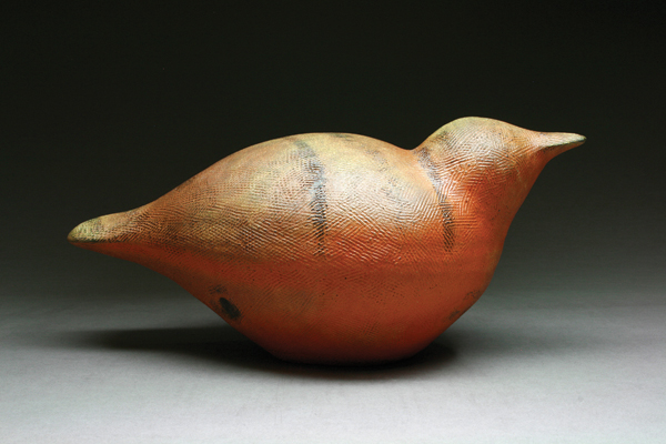 4 Small bird, 13 in. (33 cm) in length, handbuilt red clay, soda fired to cone 3, 2014.