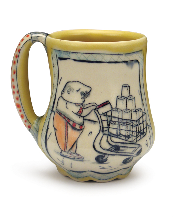 4 Preparedness Mug: Stockpile III, hand illustrated, underglaze inlay, brushwork, glaze, mid-range oxidation fired, mid-range oxidation fired, 2013.