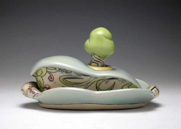 6 Butter dish, 7 in. (18 cm) in length, wheel-thrown and handbuilt white stoneware, hand illustrated, underglaze inlay, glaze, mid-range oxidation fired, 2013.