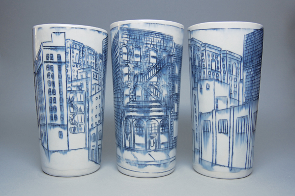 2 The Strip District tall vases, 6½ in. (17 cm) in height, slip-cast porcelain, underglaze mishima decoration, glaze, fired to cone 10,2014.