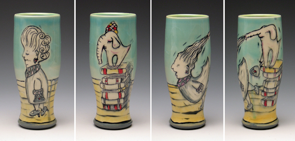 5 Troublemaker Tumblers, 8 in. (20 cm), wheel-thrown white stoneware, hand illustrated, underglaze inlay, glaze, mid-range oxidation fired, 2012.