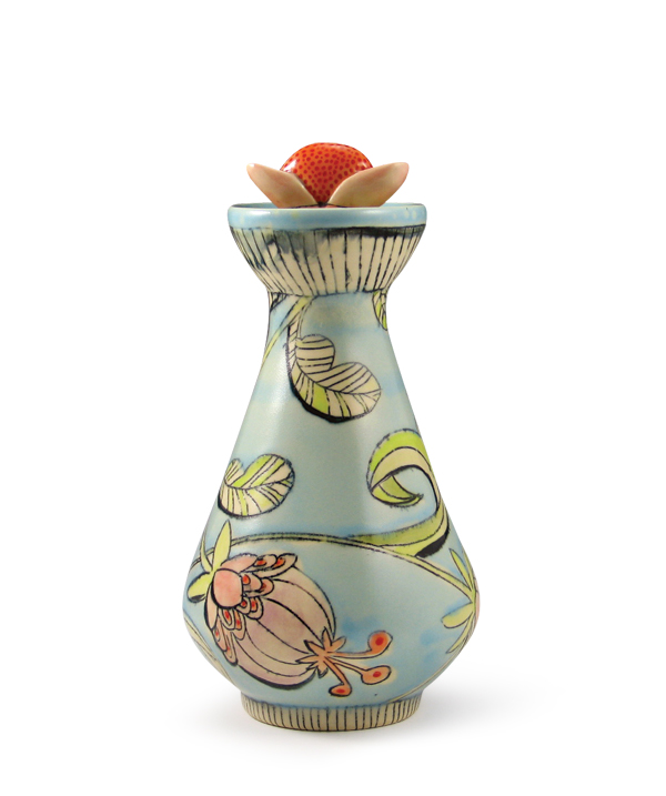 3 Floral Bottle, 9 in. (23 cm) in height, wheel-thrown and handbuilt white stoneware, hand illustrated, underglaze inlay, glaze, mid-range oxidation fired, 2014.