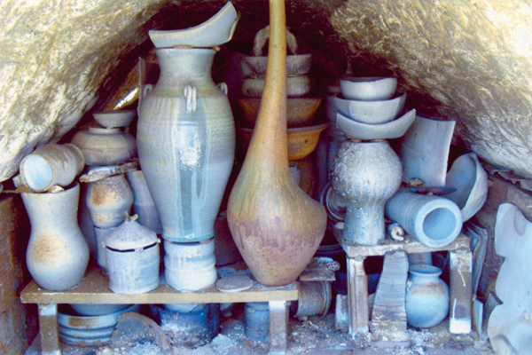 View of the kiln interior and the stack of ware, showing some of the 400 pots included in the inaugural firing.