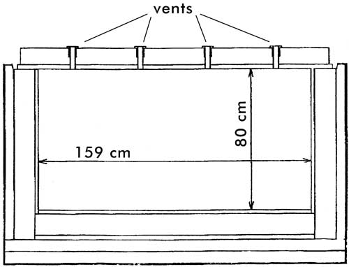 Front cutaway view of rectangular electric/propane kiln. Four lid vents draw the propane through the kiln, ensuring even reduction throughout the stack of ware.