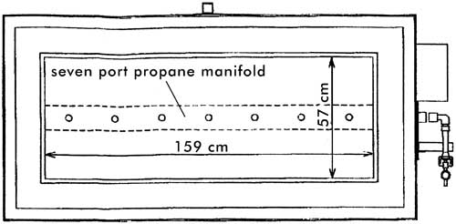 Top cutaway view of rectangular electric/propane kiln. The manifold that delivers propane to the kiln extends across the length of the center of the kiln floor, with ports every 20 centimeters (8 inches). 