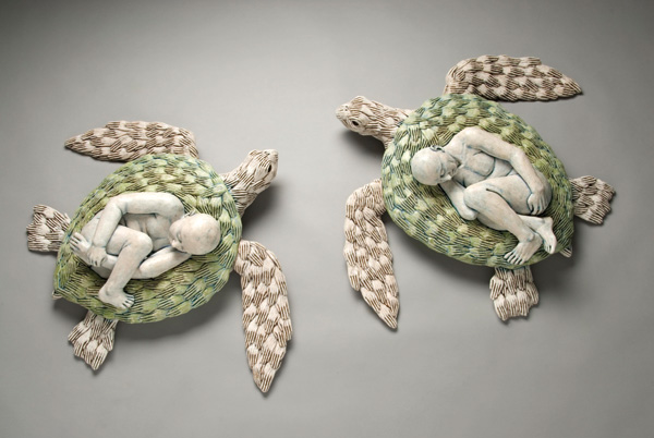 Turtles/Transitions, each 36 in. (91 cm) in length, clay, glaze, wax encaustic, 2009. Collection of Harborview Medical Center, Seattle, Washington. Photo: Chris Autio.