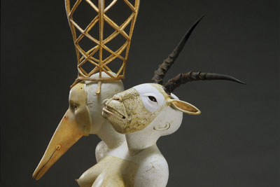 Convoluted Dream (detail), 88 in. (224 cm) in height, clay, metal, horns, 2002.