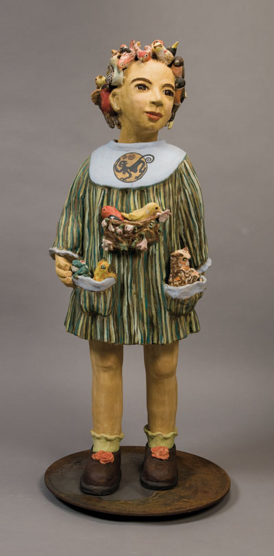 Nature Child, 43 in. (109 cm) in height, stoneware with stains, underglaze, and glaze, fired multiple times to cone 4, 04, 06, and 017, metal stand, 2008.