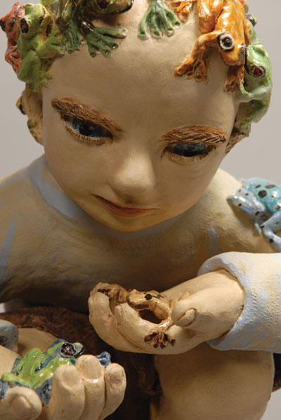 Frog Boy (detail), 20 in. (51 cm) in height, stoneware with stains, underglaze, and glaze, fired multiple times to cone 4, 04, and 06, 2008.