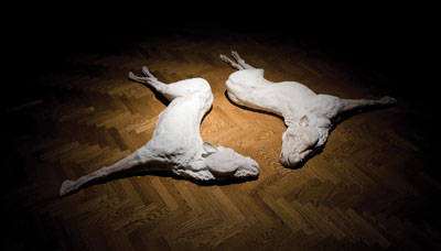 Lyuba Twins, 9 ft. (2.7 m) in length, ceramic, glaze, flock, 2009. 