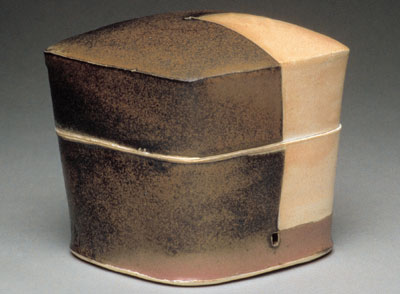 Maren Kloppmann, “Box,” 41⁄2″ x 41⁄2″ x 41⁄2″, 1998, porcelain thrown and altered, finished with terra sigillata and glaze, then soda fired. These pieces are fine illustrations of what soda firing can do to enrich ceramic surfaces. Photo by Peter Lee.