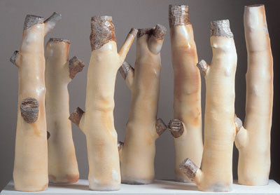 Lisa Ehrich, “Amputees,” 66″ x 48″ x 12″, 1999, thrown and hand-formed pieces assembled, stoneware clay body sprayed with white slip, iron oxide (in local areas), then soda fired.