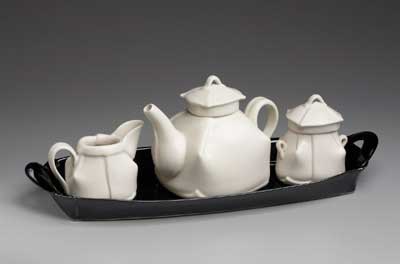 Margaret Bohls' soft-slab-built porcelain teapot set.