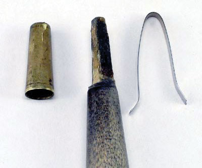 Detail of trimming tool with ferrel removed and watch-spring cutter formed to desired contour.