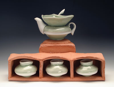 Liquor Service, 12 in. (30 cm) in length, porcelain and earthenware, porcelain bisque fired to cone 06 and glaze fired to cone 9/10 in reduction, earthenware single fired to cone 04.