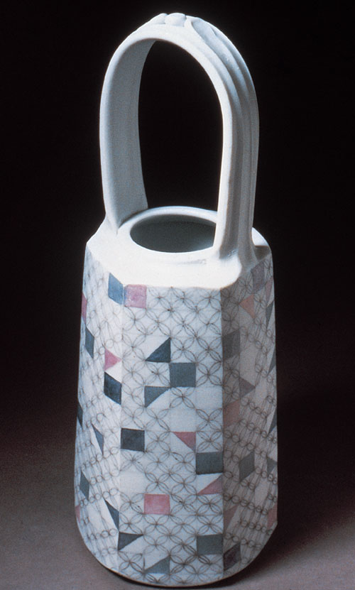 Lynda Katz, USA, Bayou Boogie Woogie, 13 in. (33 cm) in height, thrown and faceted porcelain, underglaze pencil drawing with luster glazes, 1984