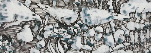 Jack Sures, Canada, Wide Bowl (detail), ceramic ink drawing on porcelain. Private collection. Photo: Judi Dyelle.