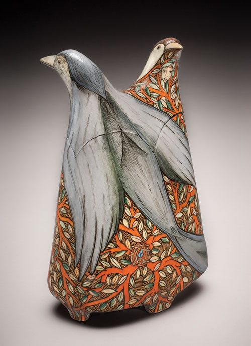 My Daily Dilemma, 11 in. (28 cm) in height, carved lidded vessel with hand-painted underglazes and clear glaze.