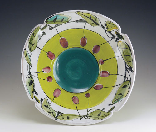 Bowl: Fruits of Our Labor in a Time of Envy, 11 in. (28 cm) in diameter, terra cotta with majolica glazes, fired to cone 04, 2010.