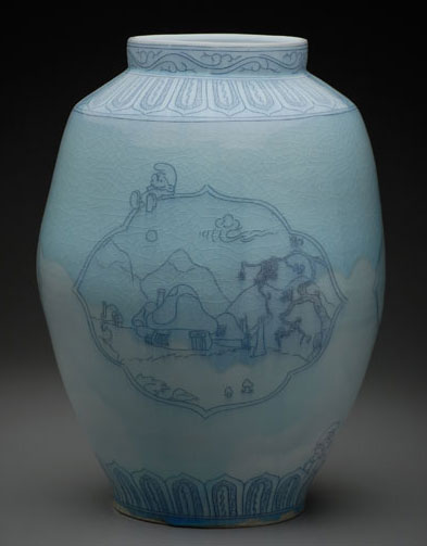 Blue and White Jar, 23 in. (58 cm) in height, porcelain with inlayed cobalt pigments.