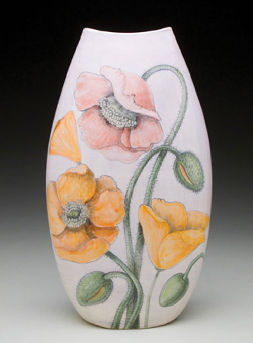 Photo of Heesoo Lee’s Poppy Vase, 16 in. (41 cm) in height, porcelain with underglaze brushwork, fired to cone 6 oxidation, 2010.