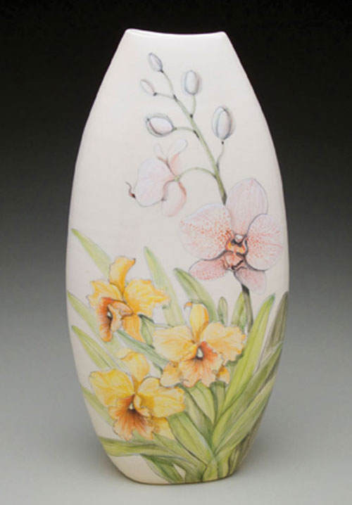 Heesoo Lee’s Orchid Vase, 15 in. (38 cm) in height, porcelain with underglaze brushwork, fired to cone 6 oxidation, 2010.