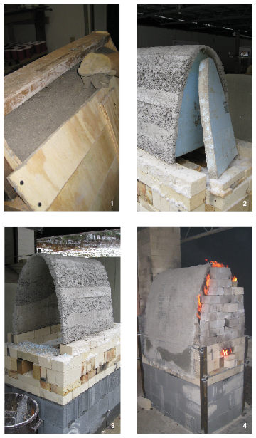 1 Individual packing section for castable over top of expandable polystyrene form. 2 Remove the expandable polystyrene form after the castable has cured for 24 hours. 3 View of cast shell before the fiber and lath coating, brick door, and flue are installed. 4 View of kiln firing.