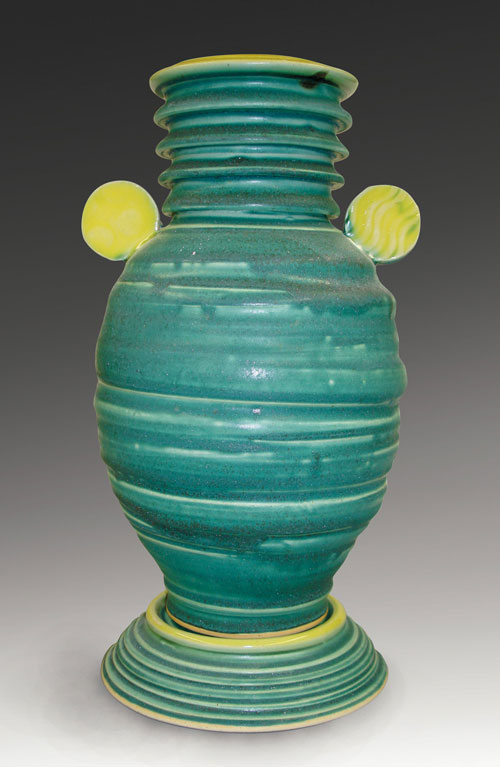 Vase with Circular Attributes and Stand, 15 inches in height, with Edgy Green glaze