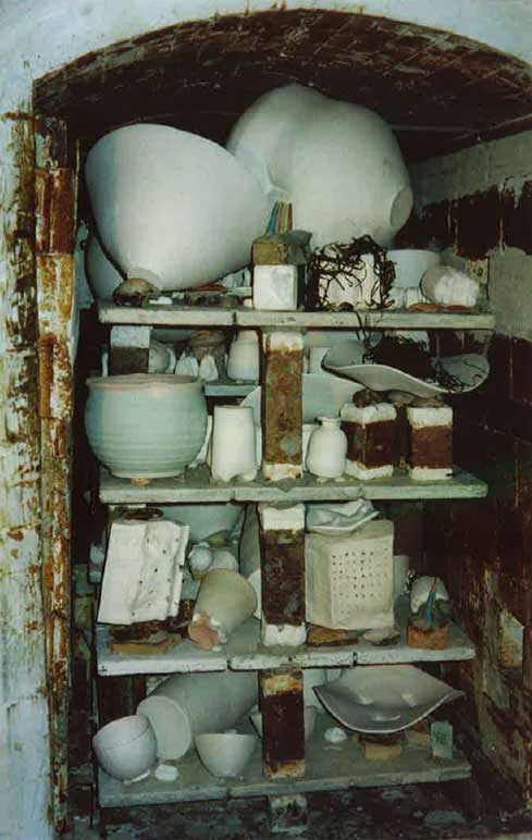 Packing arrangement for a firing in the wood-soda kiln at Guldagergard International Ceramics Center, Skaelskor, Denmark.