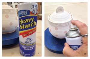 Apply underglaze pencil or glaze and let dry. Using a banding wheel, apply an even coat of spray starch.