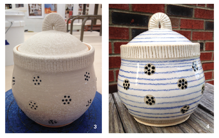 Spray starch was used on this pot to keep the underglaze pencil lines from smearing before it was glazed then fired.