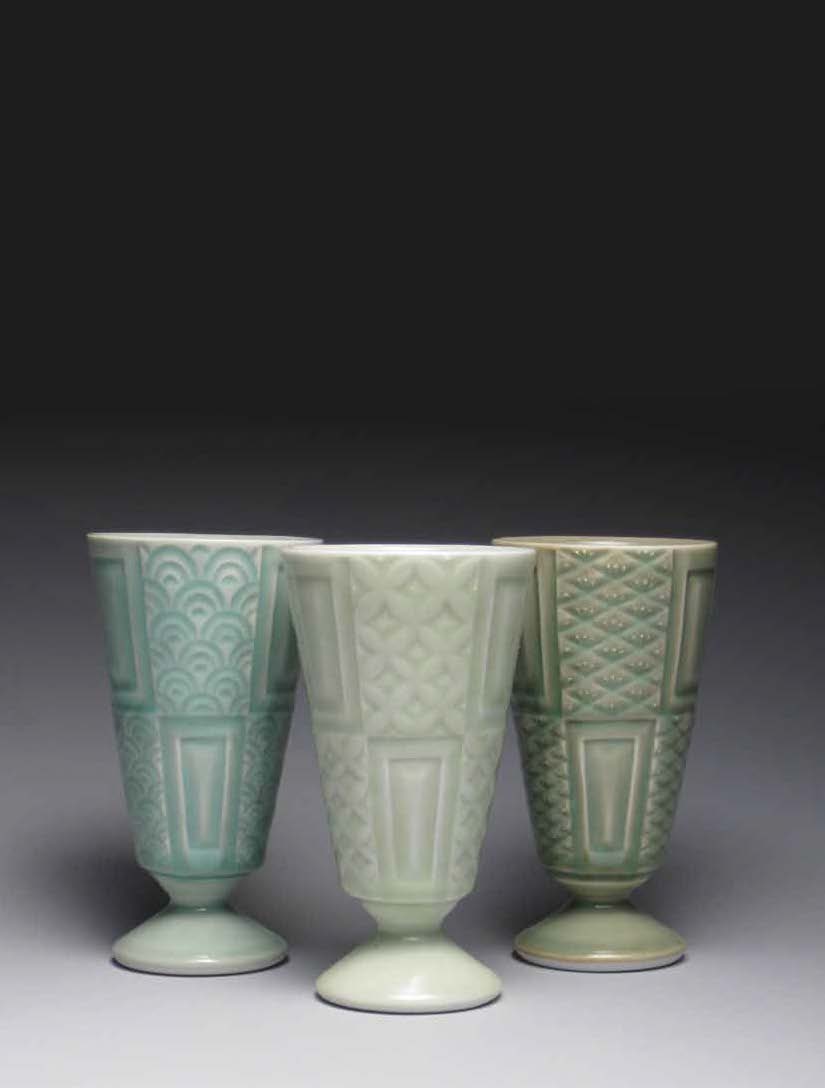 Yoshi Fujii’s wheel-thrown goblets are glazed with soft celadon colors that emphasize his intricately carved patterns.