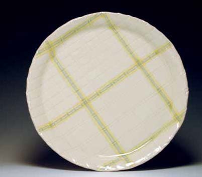 Plaid dinner plate, wheel-thrown porcelain with incised pattern, glaze, 2014.