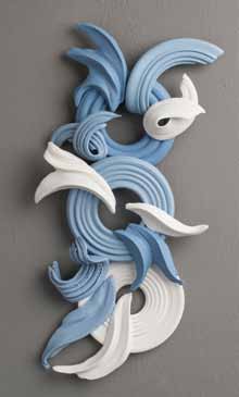 Blue and white wall piece, 13 in. (33 cm) in height, handbuilt with wheel-thrown and mold-made pieces, 2014.
