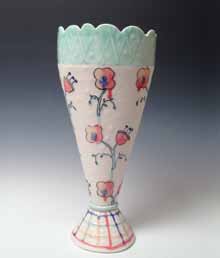 18 Print Vase, 14 in. (35.5 cm) in height, handbuilt porcelain, mishima, water etched, glazed, fired to cone 6.