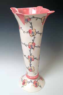 Trellis Trumpet Vase, 16 in. (41 cm) in height, handbuilt porcelain, mishima, water etching, glaze, fired to cone 6. All photos: John Schnick.