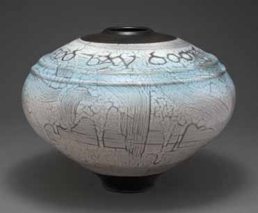 Open the Pod Bay Doors Hal (top and side views), 14 in. (36 cm) in diameter, bisque fired to cone 08, naked raku fired at 1370°F (743°C), 2013–15.