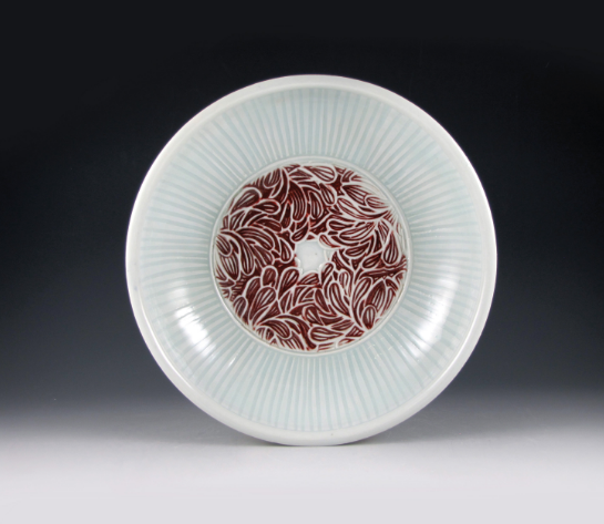 Chrysanthemum Serving Bowl, 10 in. (25 cm) in height, thrown porcelain with carved springs, fired to cone 10 in reduction.