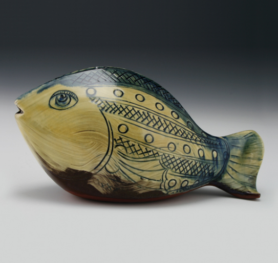 Paddled Fish, 8 in. (20 cm) earthenware, white slip and stamped pattern, oxidation fired to cone 2, 2014.