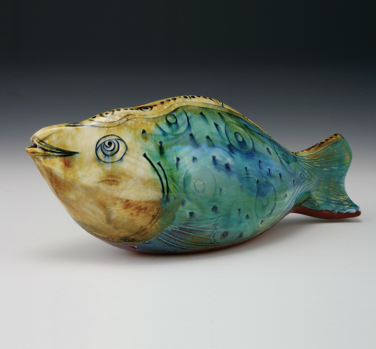 Blue Salmon, 11 in. (28 cm) earthenware, white slip and stamped pattern, oxidation fired to cone 2, 2014.