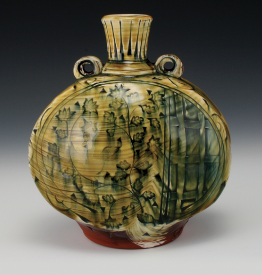 Amber Pilgrim Bottle, 6 in. (15 cm) earthenware, white slip and stamped pattern, oxidation fired to cone 2, 2014.