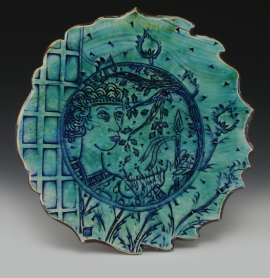 Warrior Plate Earthenware, 12 in. (30 cm), earthenware, white slip and stamped pattern, oxidation fired to cone 2, 2014.