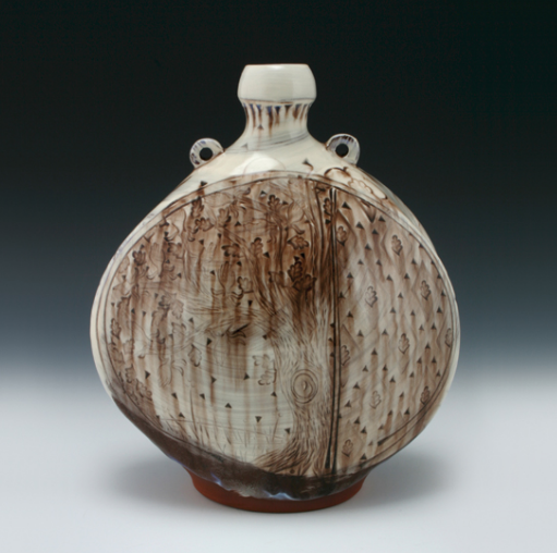 Pilgrim Bottle, 9½ in. (24 cm) earthenware, white slip and stamped pattern, oxidation fired to cone 2, 2014.